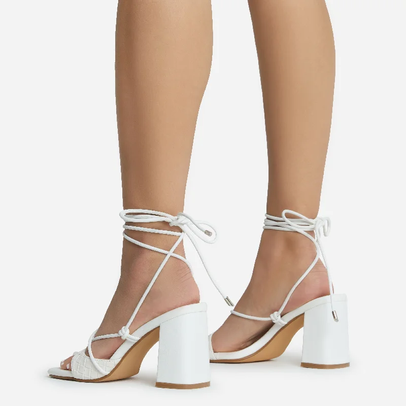 Take-Off Lace Up Square Toe Low Block Heel In White Faux Leather