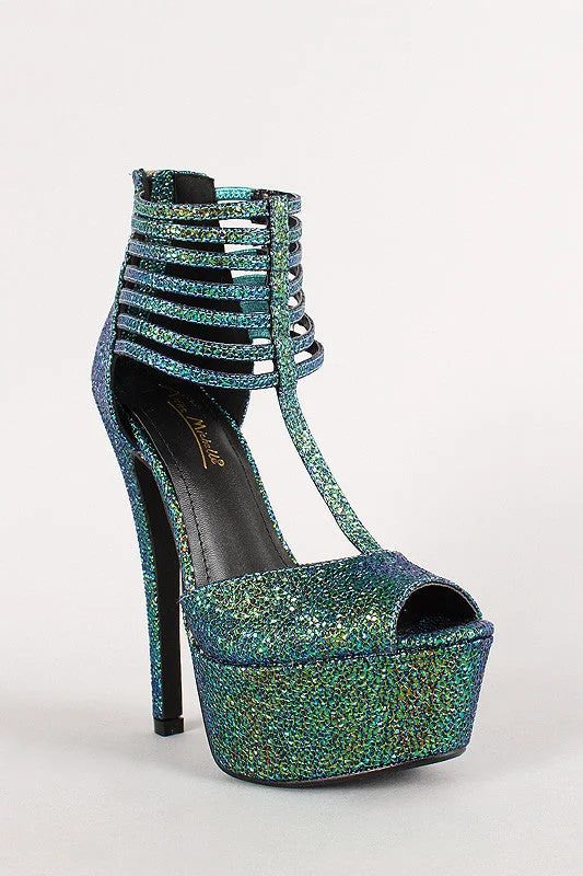 Anne Michelle Strappy Iridescent Textured Peep Toe Platform Heel