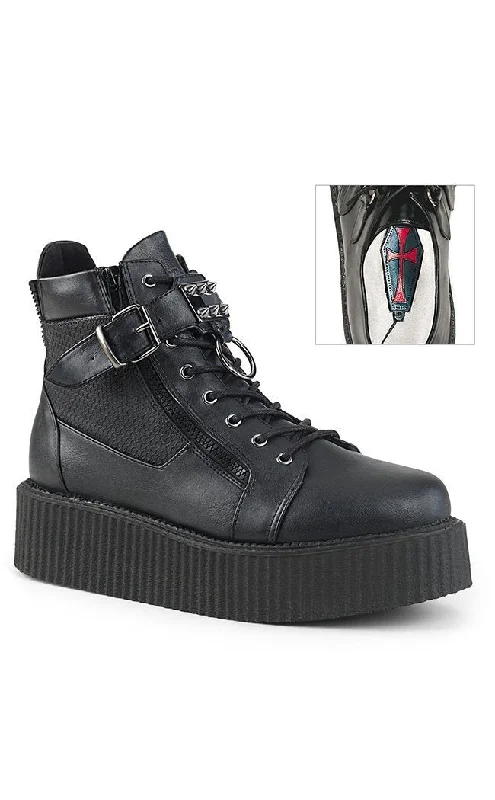 V-CREEPER-566 Black Vegan Leather Creeper Ankle Boots