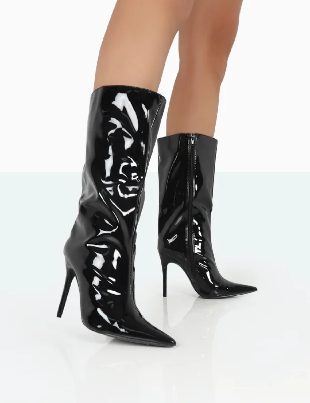 Wanda Black Patent PU Pointed Toe Stiletto Knee High Boots