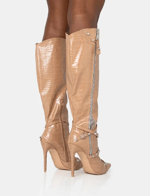 Worthy Camel Croc Studded Zip Detail Pointed Stiletto Knee High Boots