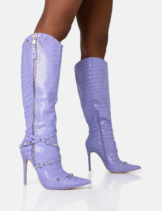 Worthy Lilac Croc Studded Zip Detail Pointed Toe Stiletto Knee High Boots