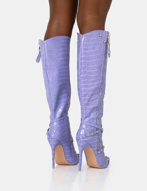 Worthy Lilac Croc Studded Zip Detail Pointed Toe Stiletto Knee High Boots