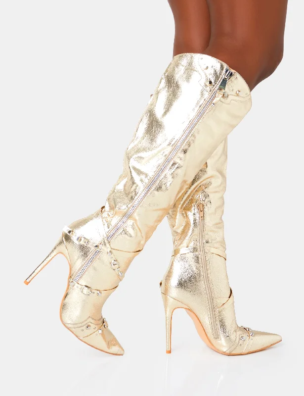 Worthy Metallic Gold Studded Zip Detail Stiletto Knee High Boots