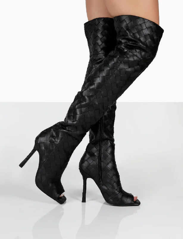 Carlotta Black Open Toe Woven Material Heeled Over The Knee Boots