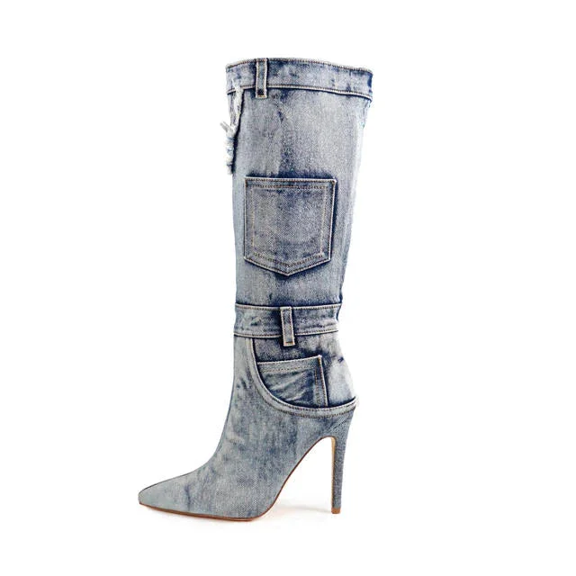 Denim Mid Calf Pointed Toe Boots Scandalous-15 Liliana