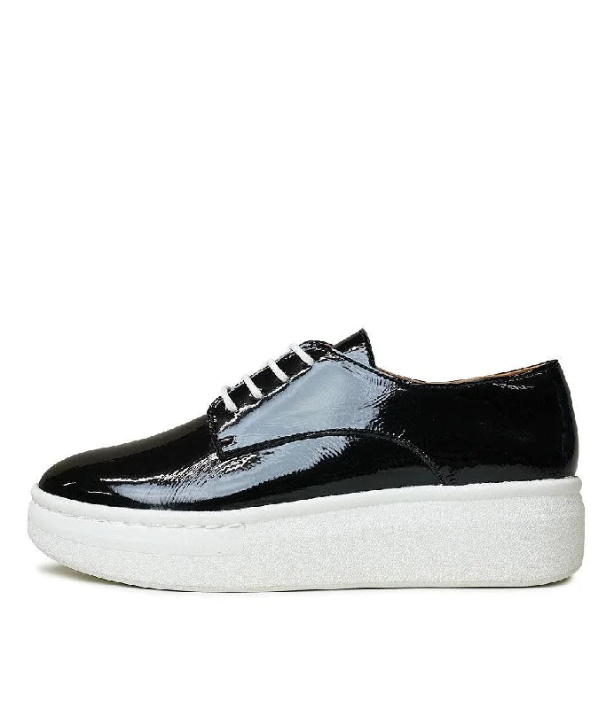 Derby City Black Crinkle Patent Leather Lace Up Flats