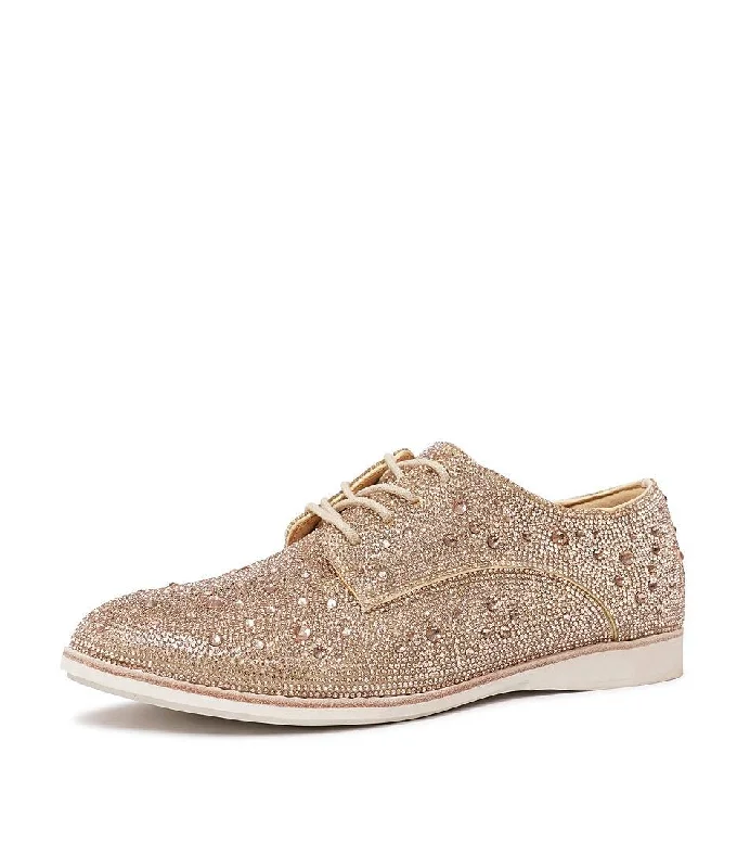 Derby Rhinestone Gold Leather Lace Up Flats