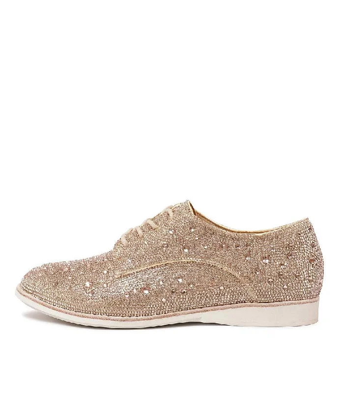 Derby Rhinestone Gold Leather Lace Up Flats