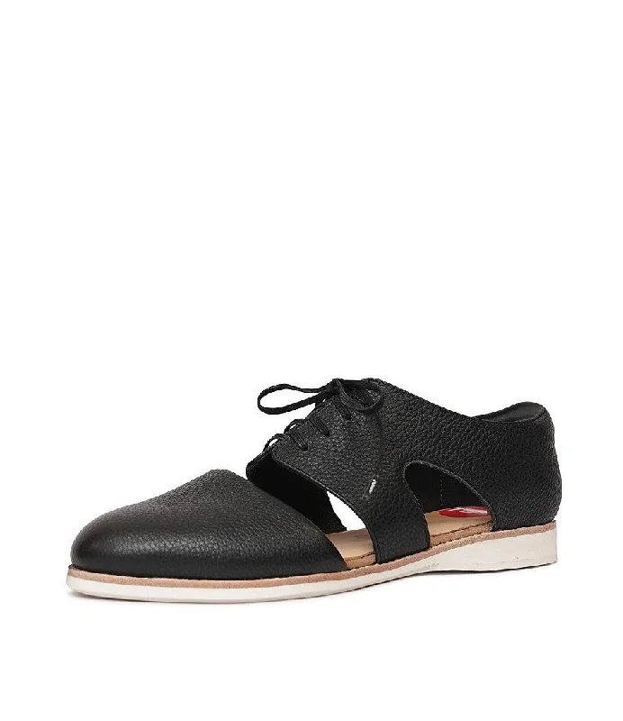 Derby Cutout Black Leather Lace Up Flats