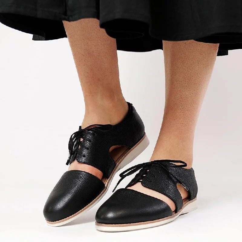 Derby Cutout Black Leather Lace Up Flats