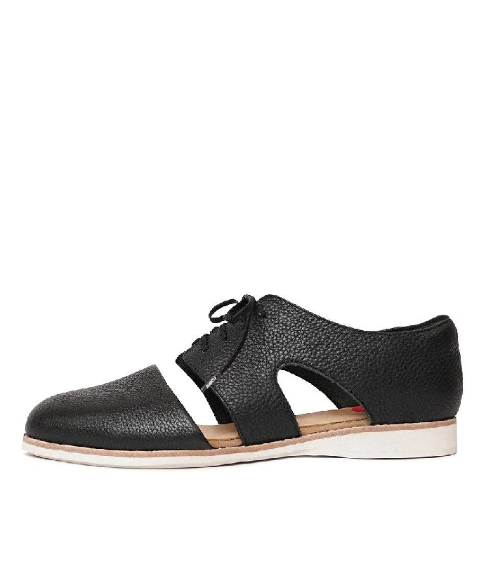 Derby Cutout Black Leather Lace Up Flats