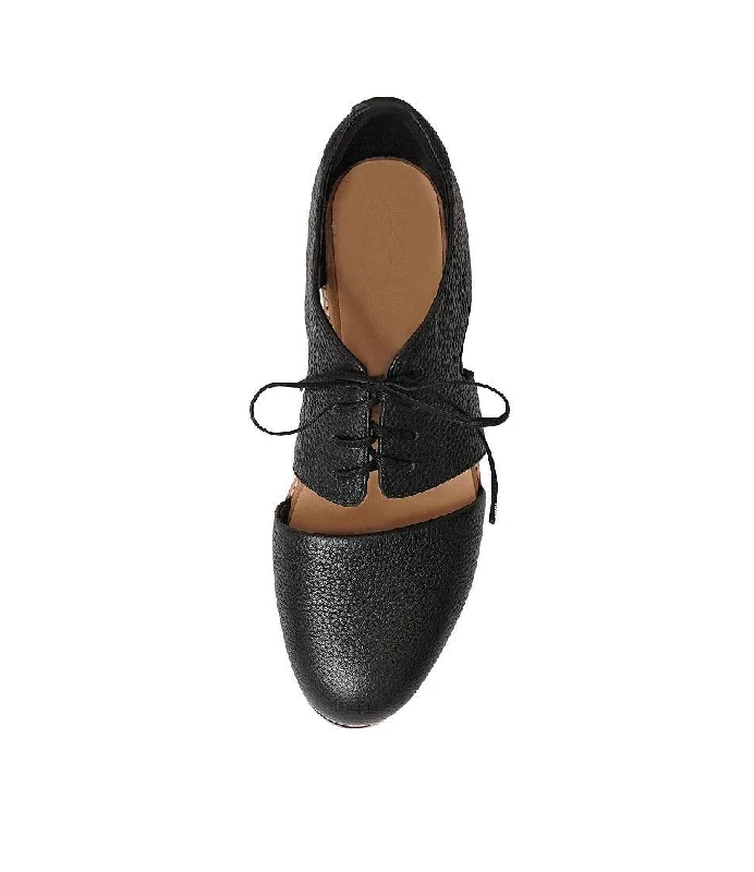 Derby Cutout Black Leather Lace Up Flats