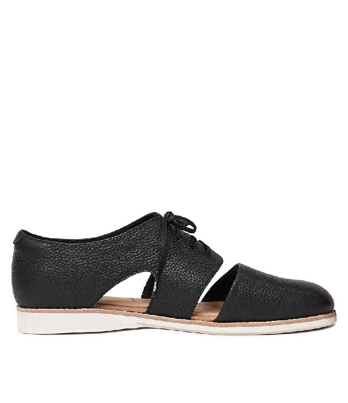 Derby Cutout Black Leather Lace Up Flats