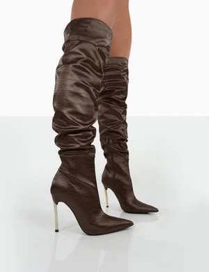 Energy Choc Croc PU Pointed Toe Over The Knee Heeled Boots