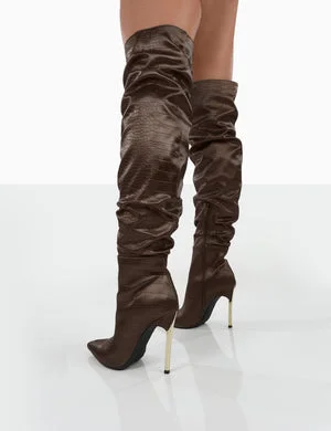 Energy Choc Croc PU Pointed Toe Over The Knee Heeled Boots