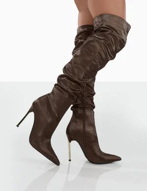 Energy Choc Croc PU Pointed Toe Over The Knee Heeled Boots