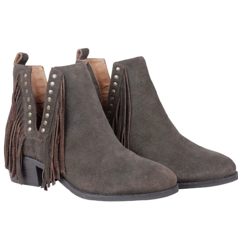 MYRA Women's Chocolate Brown Suede Fringe Cyno Booties