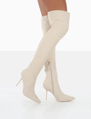 Tianna Natural Linen Pointed Toe Over The Knee Stiletto Boots