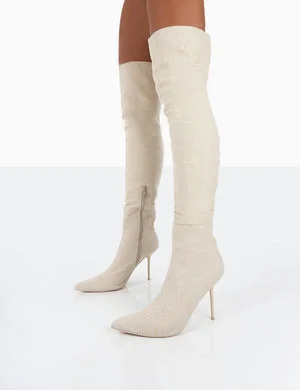 Tianna Natural Linen Pointed Toe Over The Knee Stiletto Boots