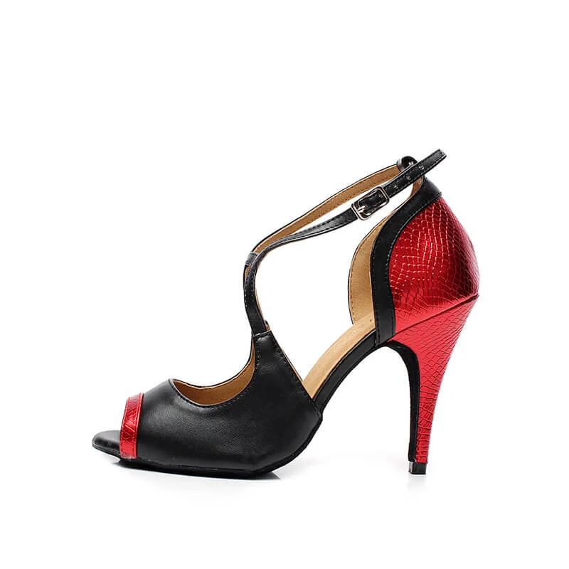 Black Red Leather 8.5cm Heel Strappy Latin Dance Shoes