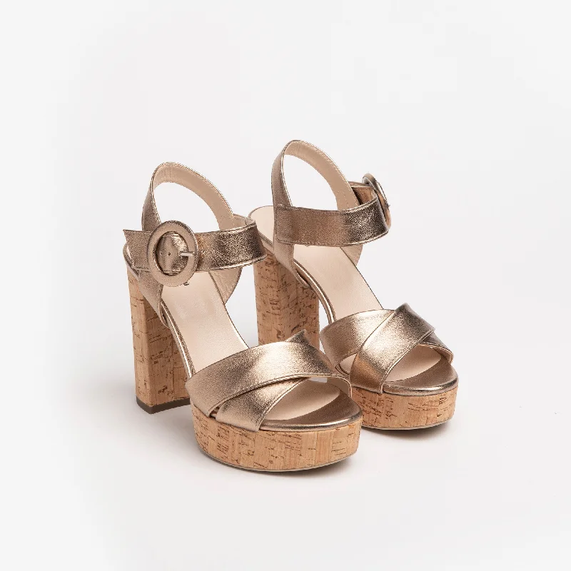 NeroGiardini Gold Leather Platform Sandals with Cork Heel