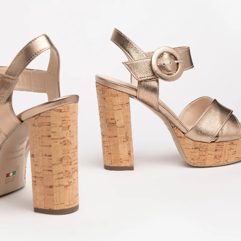 NeroGiardini Gold Leather Platform Sandals with Cork Heel