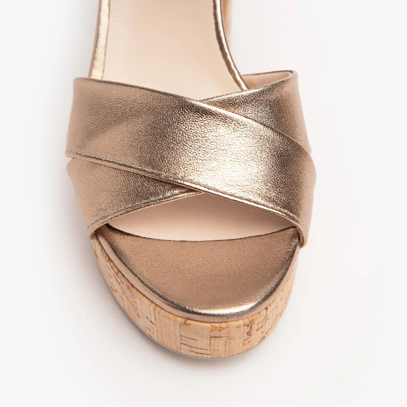 NeroGiardini Gold Leather Platform Sandals with Cork Heel