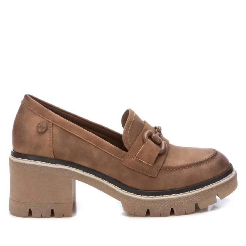 Women's Heeled Moccasins In Camel