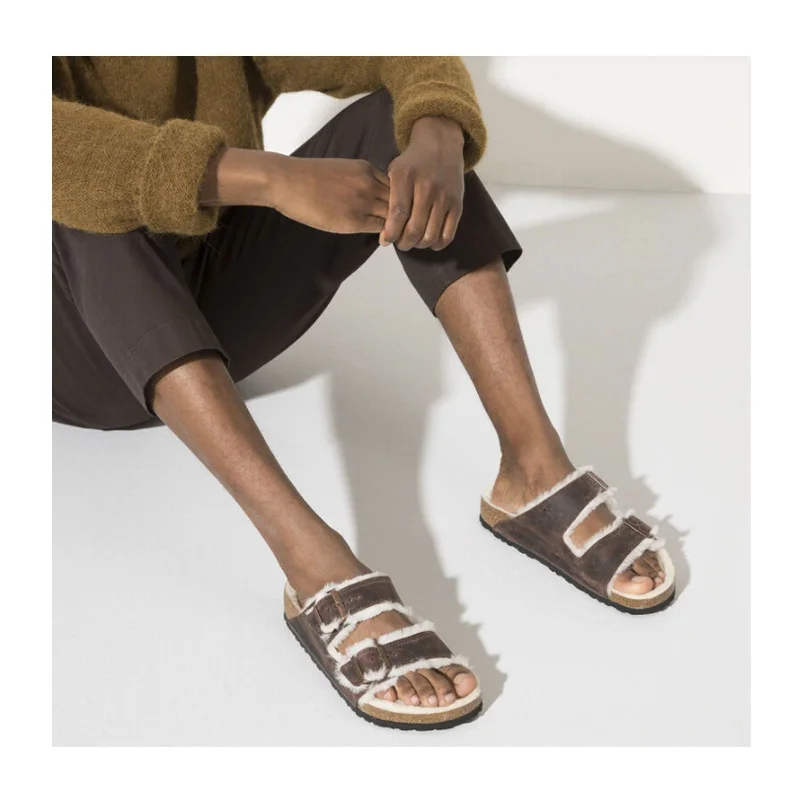 Birkenstock Arizona Slide Sandal (Women) - Habana Oiled Leather/Natural Shearling