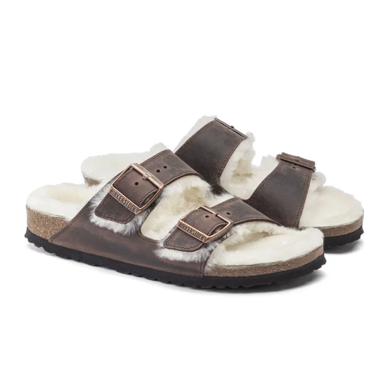 Birkenstock Arizona Slide Sandal (Women) - Habana Oiled Leather/Natural Shearling