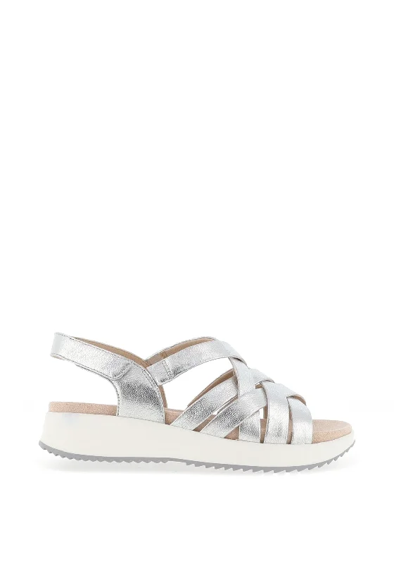 Caprice Leather Metallic Woven Strap Sandals, Silver