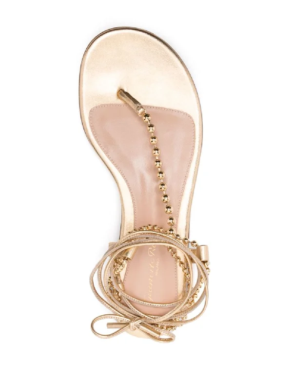 GIANVITO ROSSI Golden Leather Thong Sandals for Women with Metallic Bead Embellishment