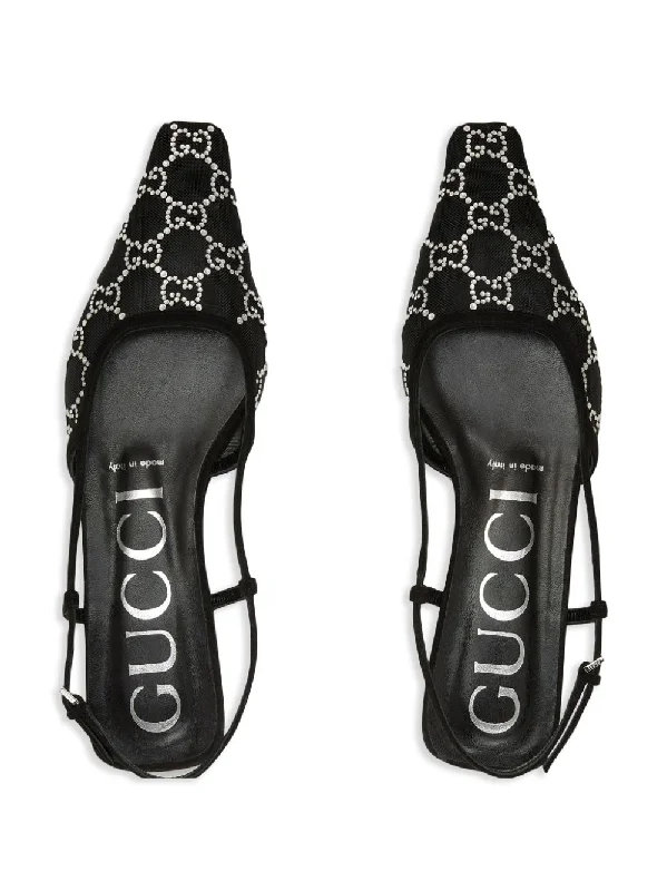 Gucci Black Leather Crystal Embellished Pointed Toe Slingback Flats