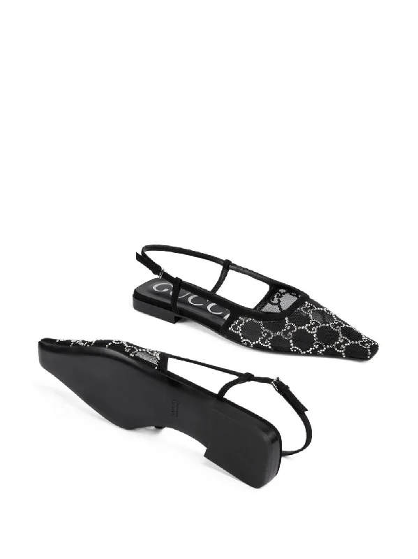 Gucci Black Leather Crystal Embellished Pointed Toe Slingback Flats