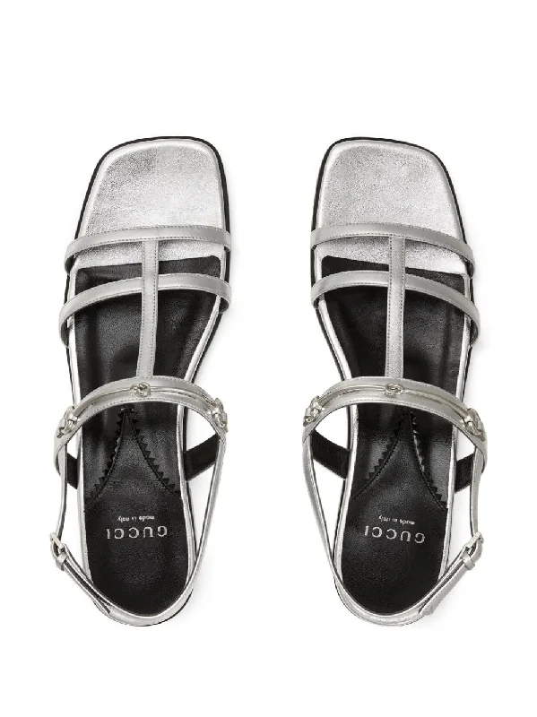 GUCCI Elegant Silver Leather Flat Sandals