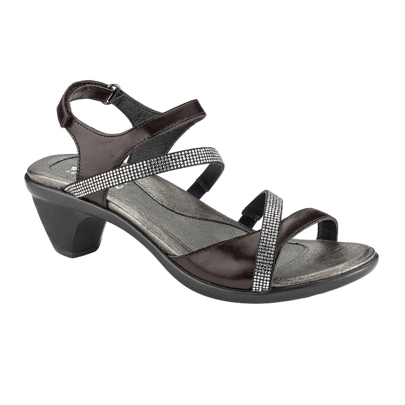 Naot Innovate Heeled Sandal (Women) - Black Madras Leather/Black/Clear Rhinestones