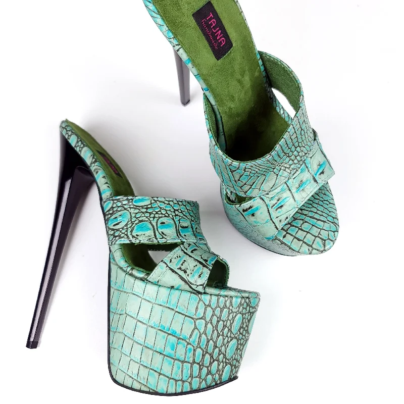 Genuine Leather Turquoise Croco Print Mules