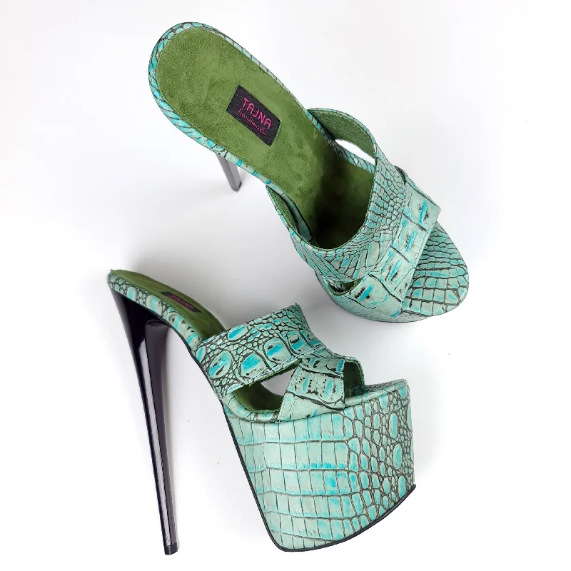 Genuine Leather Turquoise Croco Print Mules