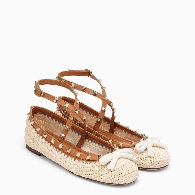 VALENTINO GARAVANI Beige Raffia and Leather Ballerina - SS24 Collection