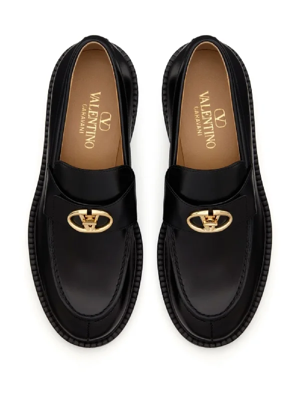 VALENTINO GARAVANI Elegant Black Leather Loafers with Gold-Tone Emblem