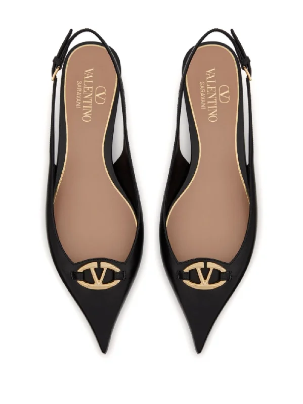 VALENTINO GARAVANI Elegant Black Leather Pointed Ballet Flats with Gold VLogo