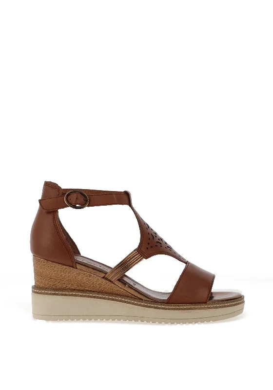 Tamaris T-Bar Leather Perforation Detailed Wedge Sandals, Cognac