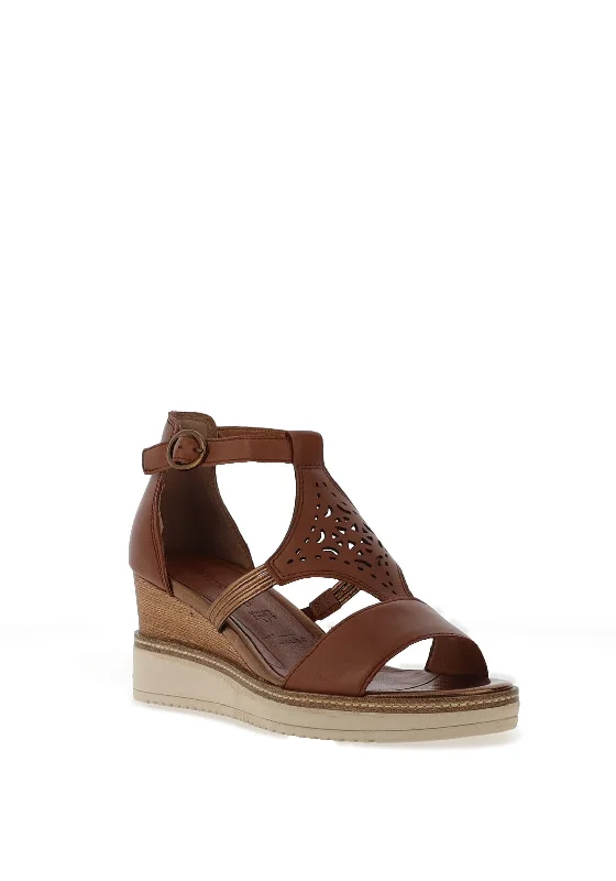 Tamaris T-Bar Leather Perforation Detailed Wedge Sandals, Cognac