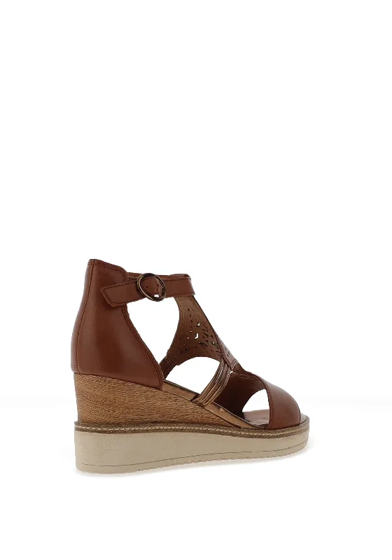 Tamaris T-Bar Leather Perforation Detailed Wedge Sandals, Cognac