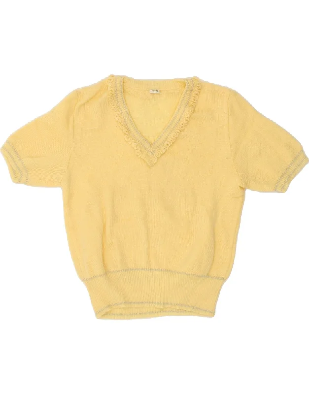 VINTAGE Womens Short Sleeve V-Neck Jumper Sweater UK 12 Medium Yellow