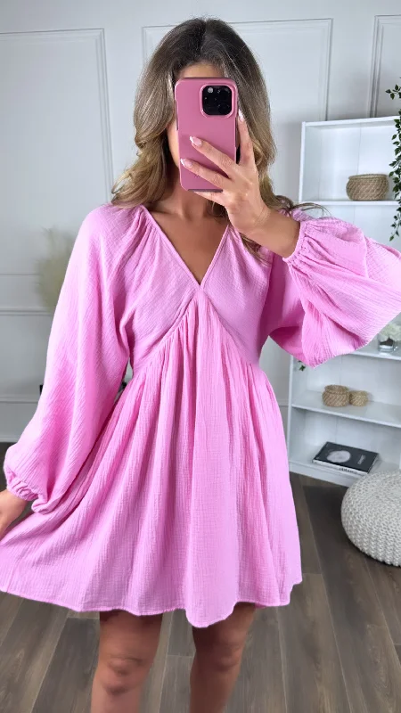 Aurora Pink V Neckline Wide Sleeve Mini Dress Boho mini dresses