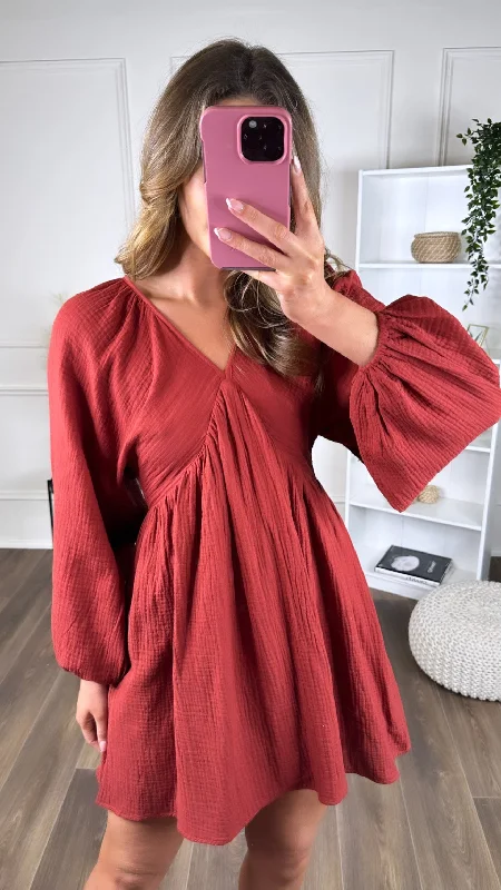 Aurora Rust V Neckline Wide Sleeve Mini Dress Minimalist mini dresses