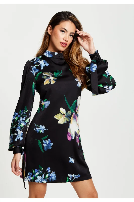 Liquorish Elegant Floral Print A-line Mini Dress Velvet mini dresses