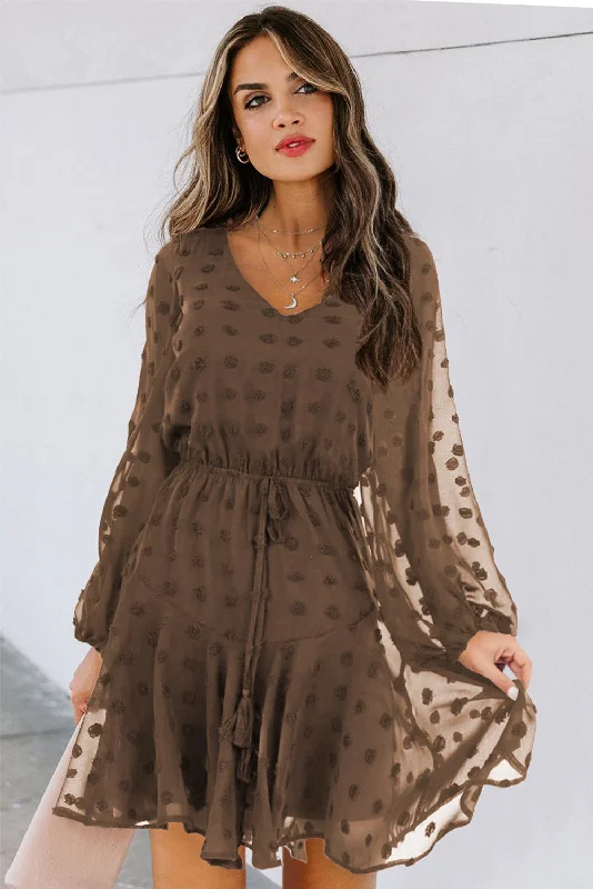 Swiss Dot Long Sleeve Mini Dress with Waist Tie